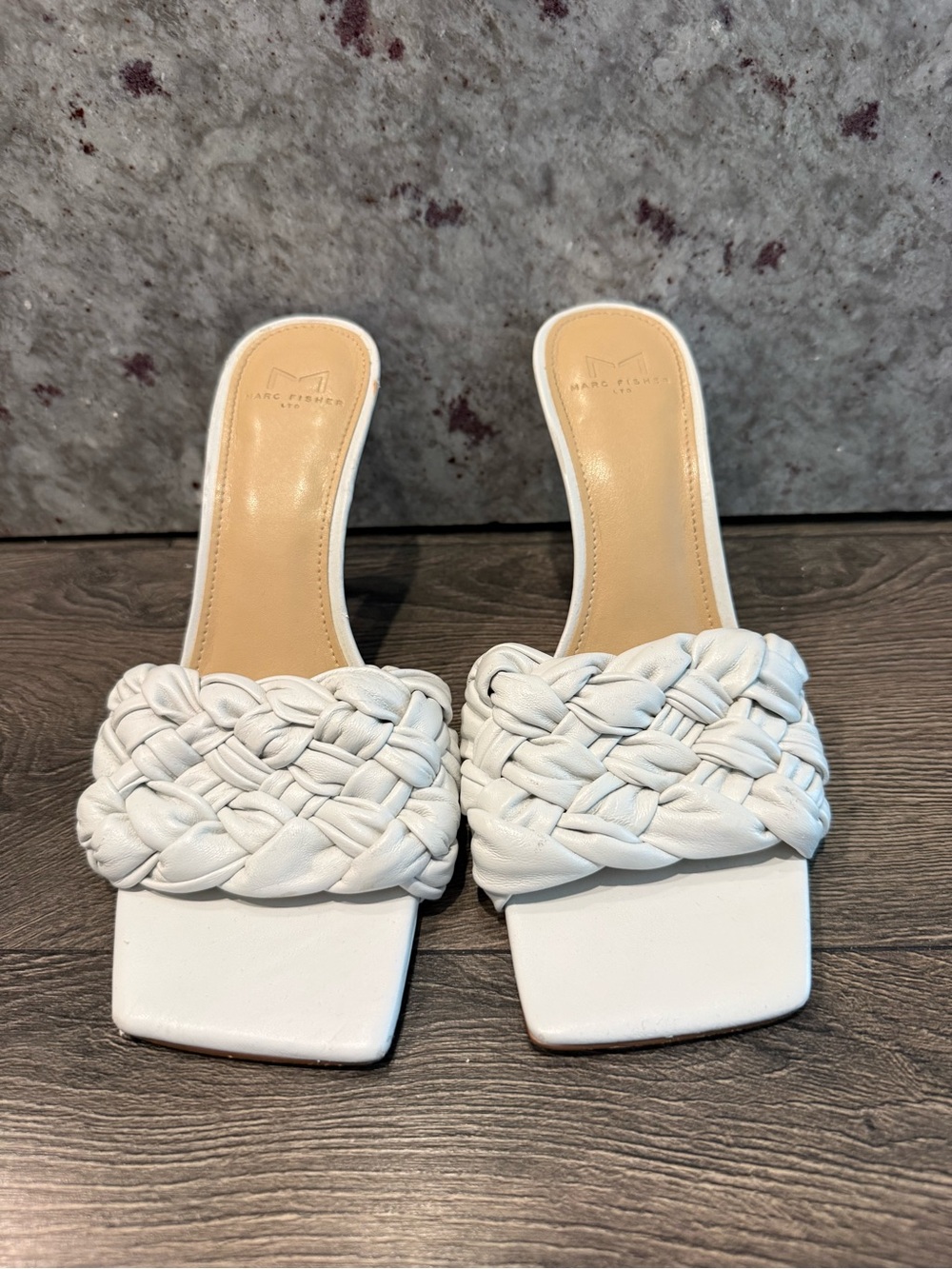 Marc Fisher White Braided Square-Toe Slide Mules
